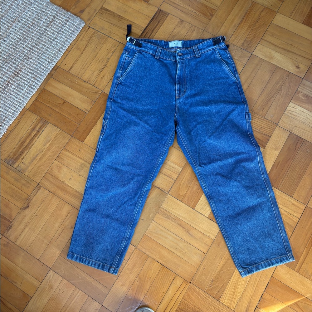 Ami Classic Blue Jeans with Brown Leather Patch